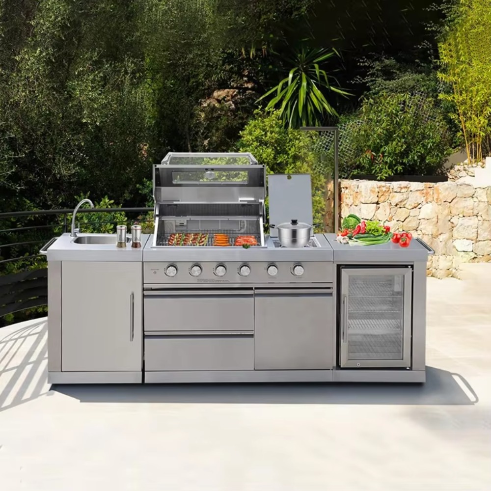 Outdoor Furniture Kitchener - Buitenkeuken met overkapping, weerbestendige BBQ-kastset, roestvrijstalen